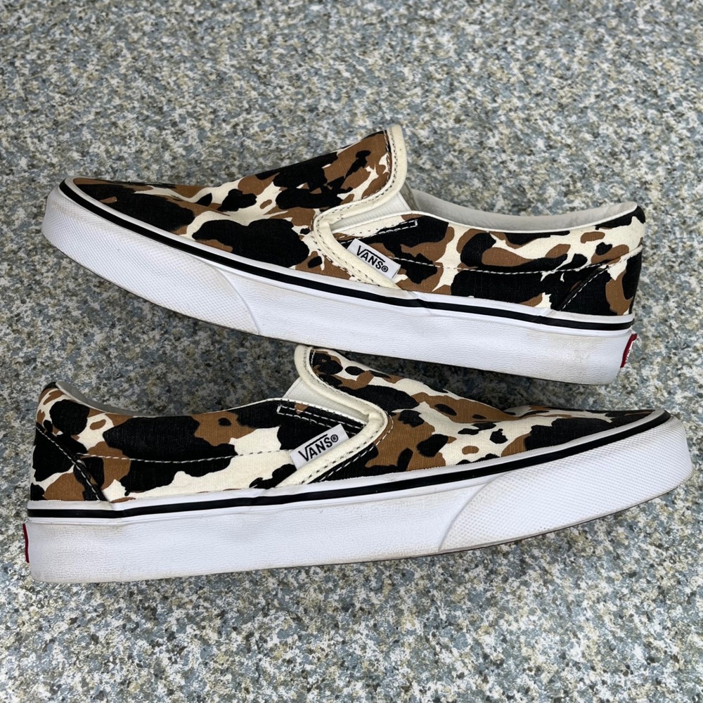 Vans Slip On Shoes Mens 6 Womens 7.5 Brown Cow Print Canvas Animal Sneakers - Picture 3 of 13